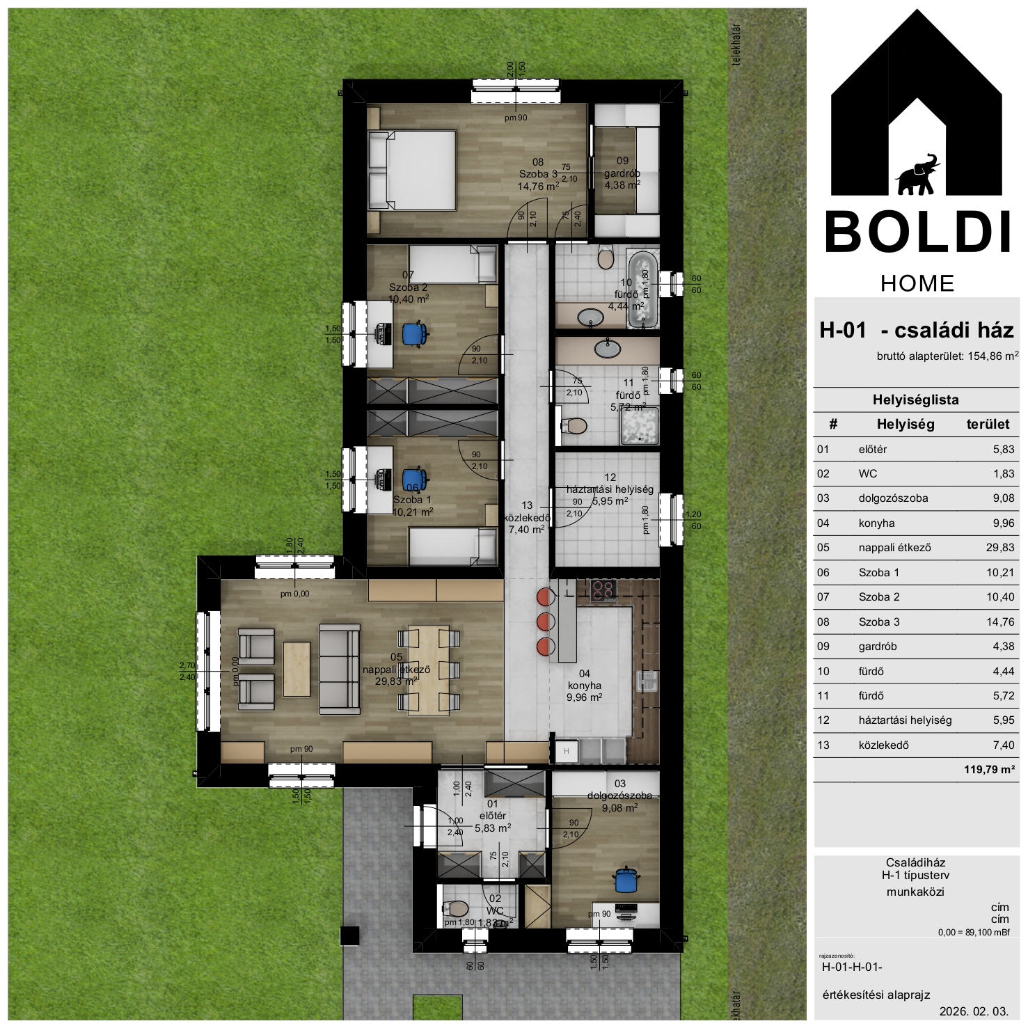 Az 1-es típusterv 119,48 m² nettó alapterületű földszinti alaprajza