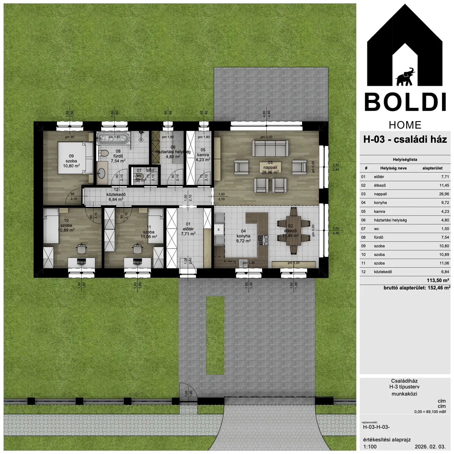 A 3B típusterv 108,96 m² nettó alapterületű, berendezett értékesítési alaprajza